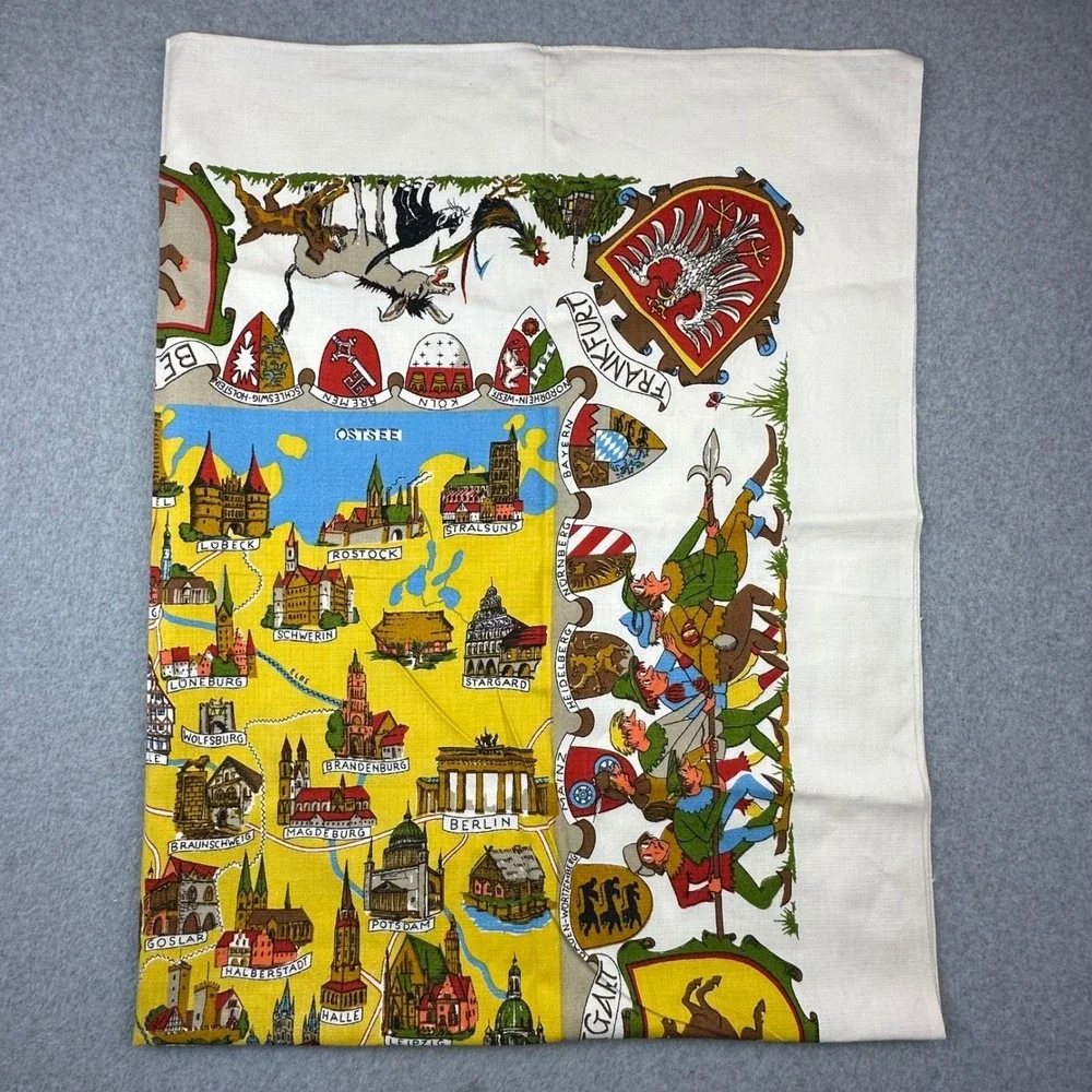 Vtg 50s Germany Souvenir Map Tea Towel Illustrated Cities Coats of Arms‎ 62